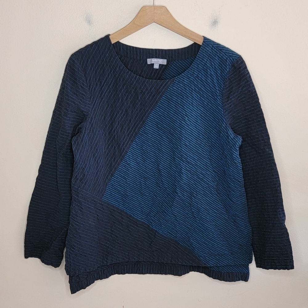 Habitat Clothes To Live In Textured Teal & Black Striped Lagenlook Top Small